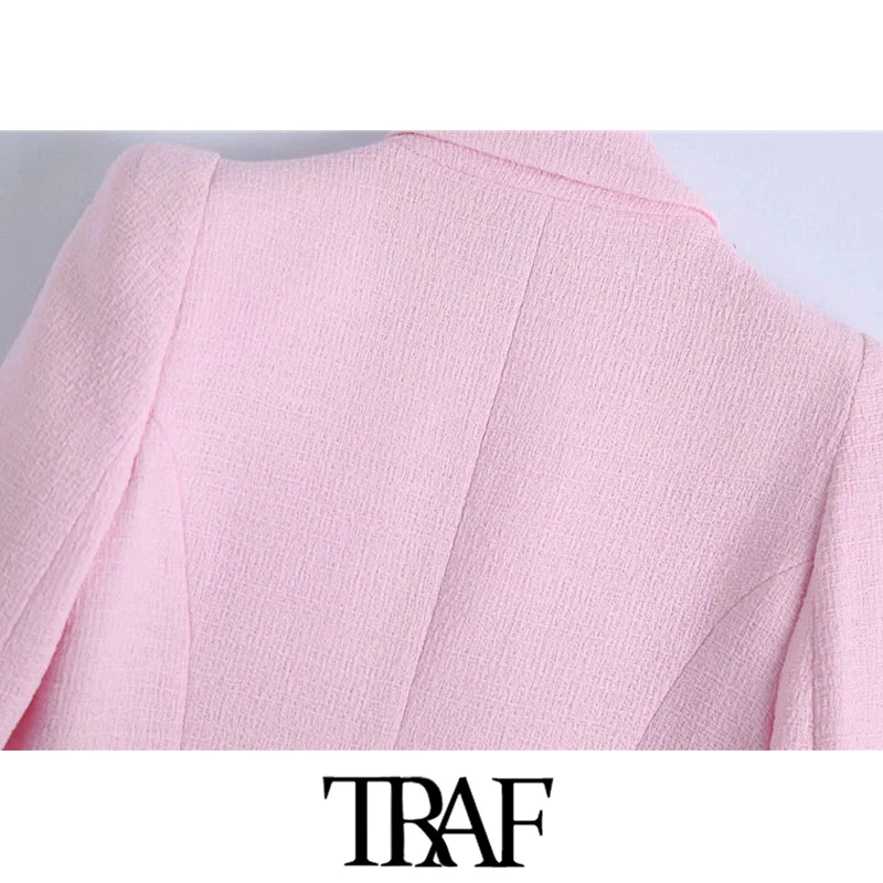 

TRAF Women Fashion Double Breasted Tweed Blazer Coat Vintage Long Sleeve Shoulder Pads Female Outerwear Chic Veste