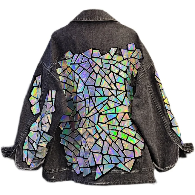 

Черная джинсовая куртка для женщин, модная джинсовая куртка с блестками, отложным воротником и длинным рукавом, женское демисезонное свобо...