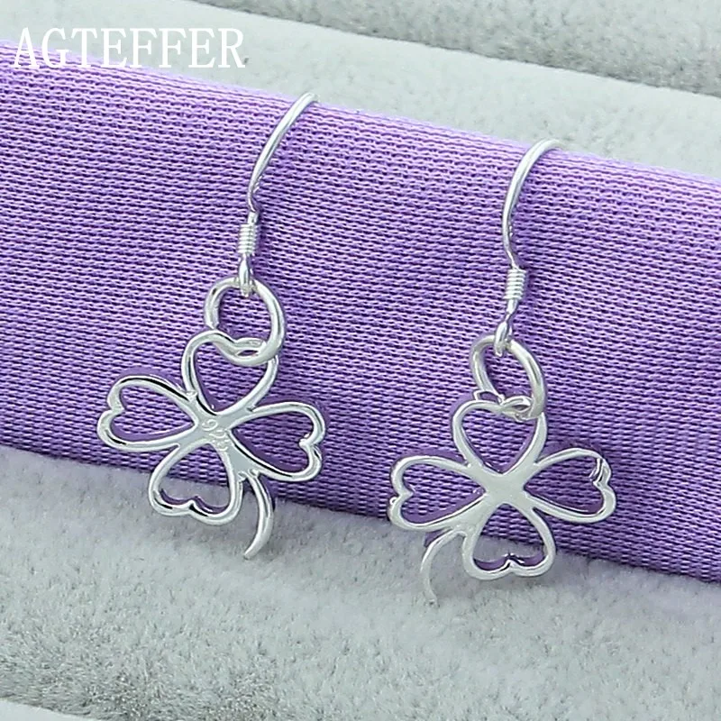 

AGTEFFER New 925 Sterling Silver Four-leaf flower Earrings Ladies Fashion Wedding Party Jewelry Gifts