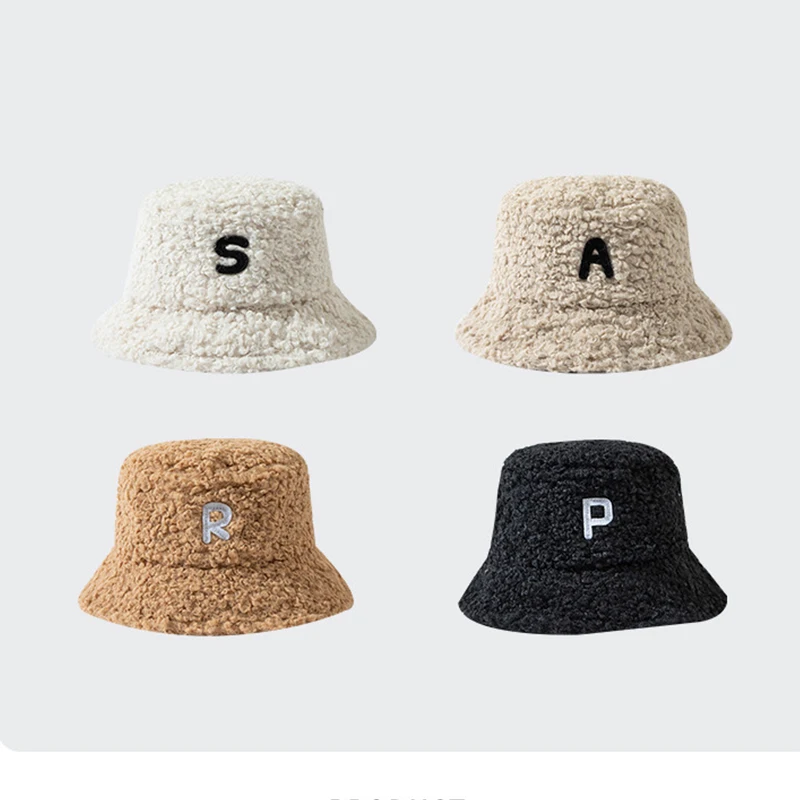 2021 New Lamb Plush Letter Bucket Hat Women  Autumn Winter Fashion Warm Panama Casual Caps Lady Fisherman Hat Flat Japanese