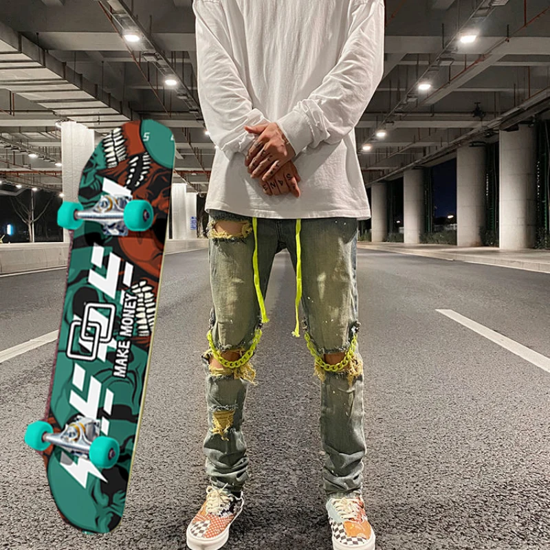 

Men's and women's tight elastic jeans Hip Hop Pants drawstring pants skateboarding pants skating jeans pierced jeans
