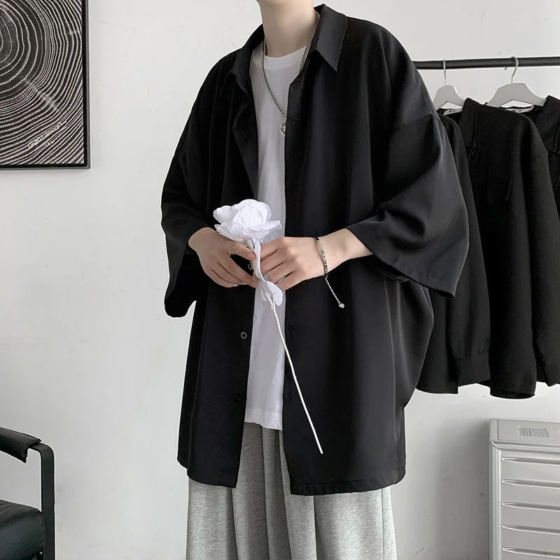 

Мужская рубашка большого размера, однотонная, повседневная, Свободный Топ, Harajuku, женская одежда, с рукавом 3/4, модная