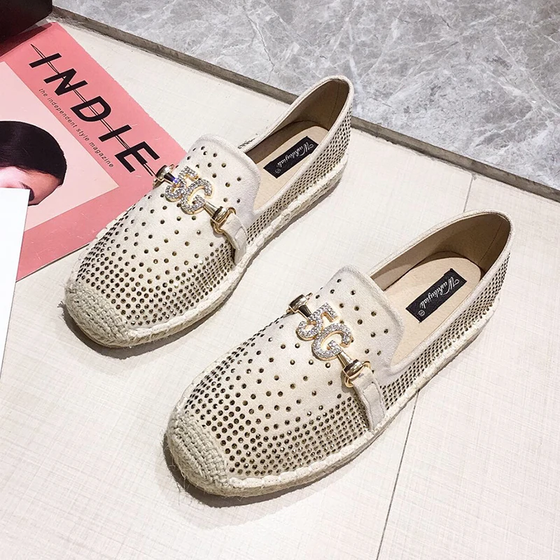 99Beige Fashion Hemp Loafers Women Espadrilles Flats Shoes Sewing Rhinestone Round Toe Ladies Casual Moccasins Slip On Brand Style New - Цвет: 99Beige