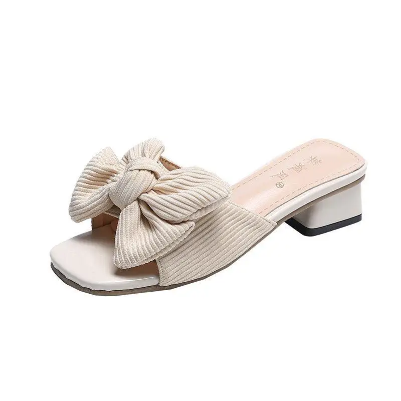 

Shoes Woman 2021 Butterfly-Knot Slippers Casual Med Square Toe Luxury Summer Soft Block Slides Cotton Fabric Rubber Hoof Heels F