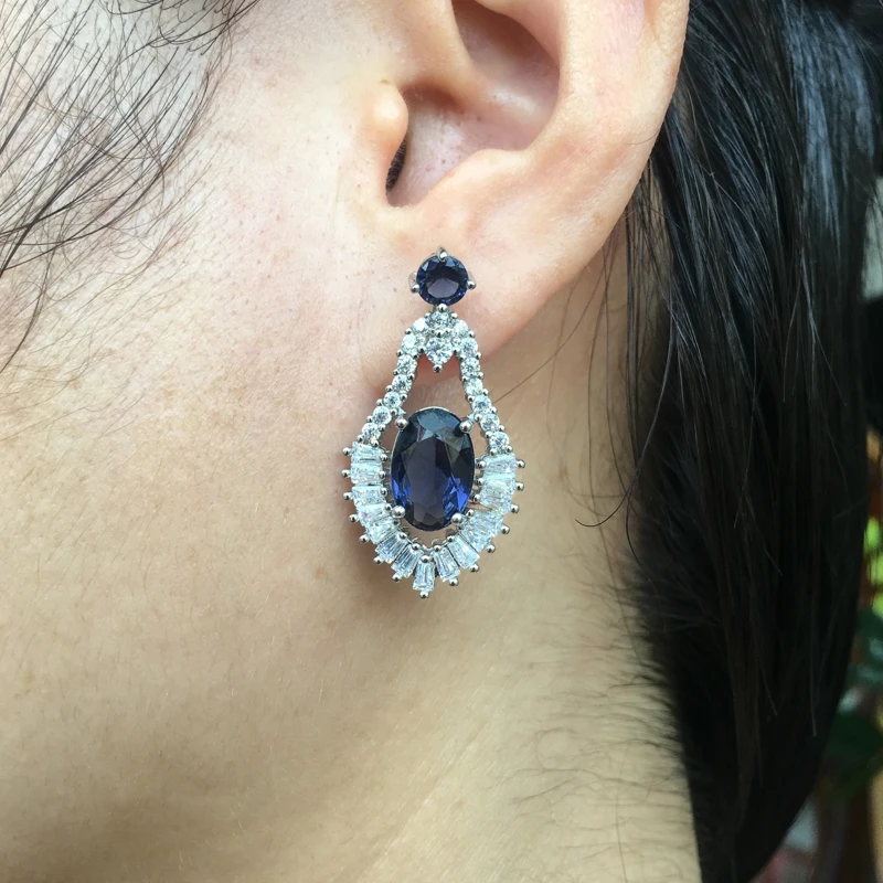 

CSJ New Stylish Created Blue Crystal Drop Earrings Oval 8*12mm Cut Fine Charm Jewelry for Women Party Gift in Box free express