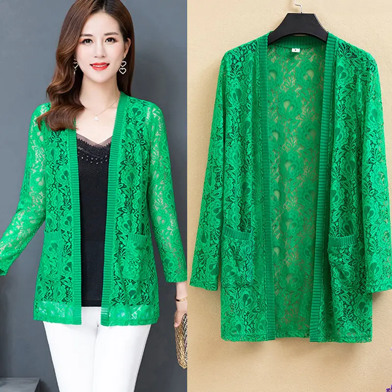Женские летние Ажурные кружевные блузки Кардиган с длинным рукавом рубашка для