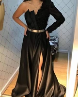 new elegant black evening dress sexy slit one shoulder lace long sleeve party gowns prom dresses long 2021 vestido de festa