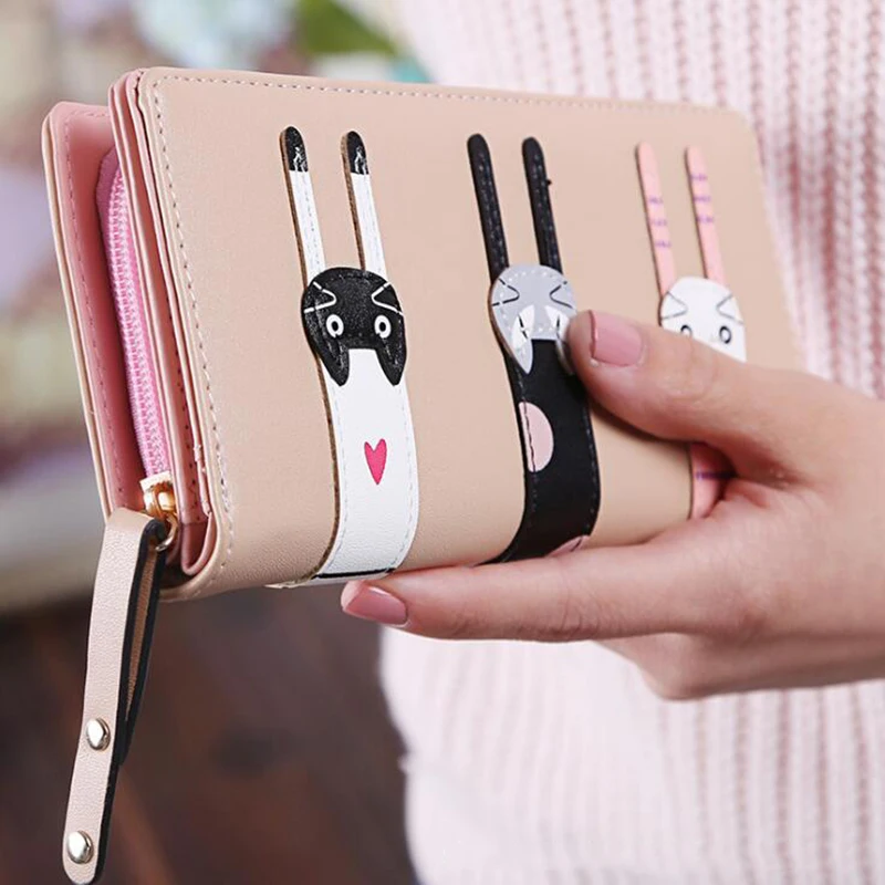

New Fashion Women Wallet Long Section Bifold Female Zipper Hasp Three Cat Coin Purses PU Leather Card Holder Clutch Bag
