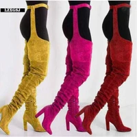 women sexy suede thigh high belt boots winter female thick high heels colorful shoes fashion ladies over the knee high boots