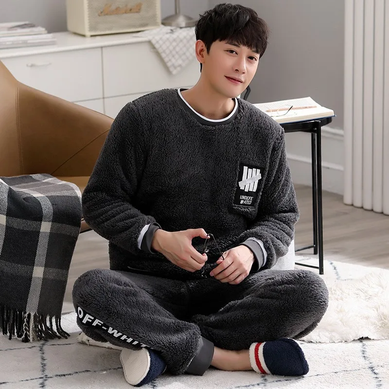Winter Men's Pajamas Suit Flannel Sleepwear Fashion Letter O-Neck Pyjamas Thick Warm Mens Lounge Wear Korean Homewear Nightwear