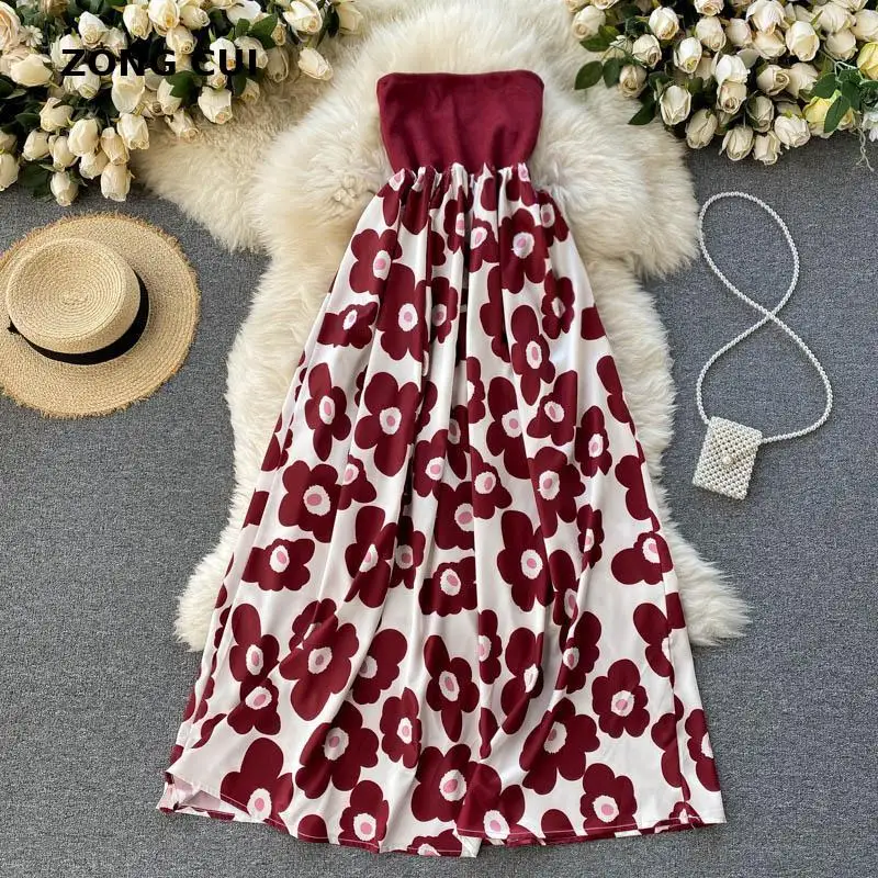 

Sexy Bohemian stripless dress women's 2021 summer Vintage Floral Beach Dress Robe Sexy