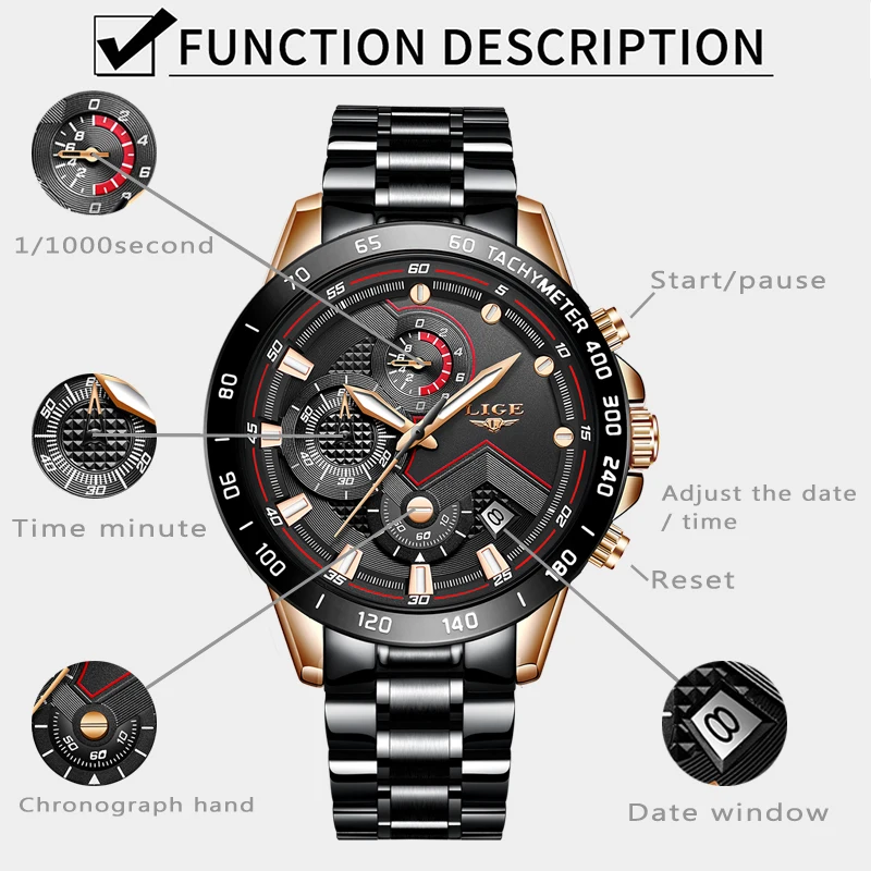 LIGE мужские часы Топ люксовый бренд из нержавеющей стали деловые хронограф