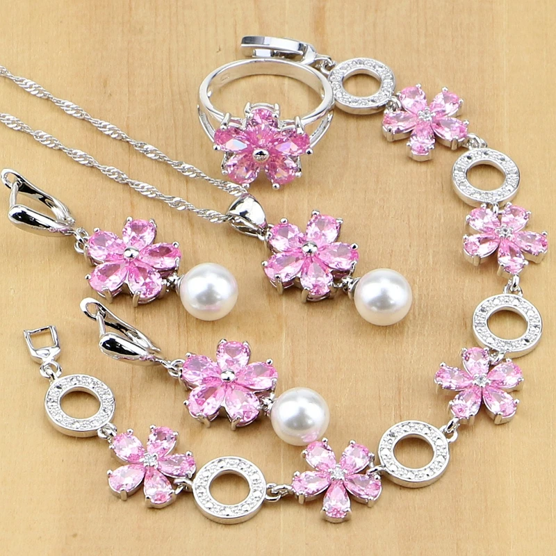 

Elegant 925 Sterling Silver Jewelry Sets Pink Zircon With Pearl Beads For Women Wedding Earrings/Pendant/Rings/Bracelet/Necklace