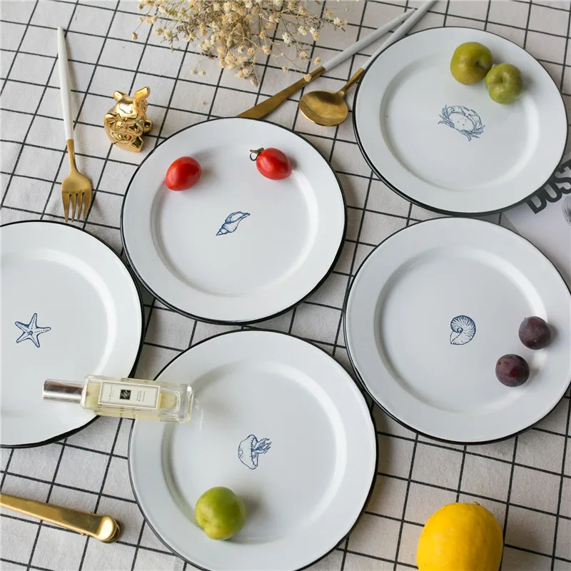 Enamel Nordic Retro Thickened Fruit Plate Baked Rice Turnip Dinner Breakfast Tableware Flat | Дом и сад