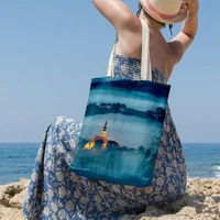 fashion natural scenery pattern canvas shopper bag women shopping bag tote bag reusable grocery high capacity shoulder bag