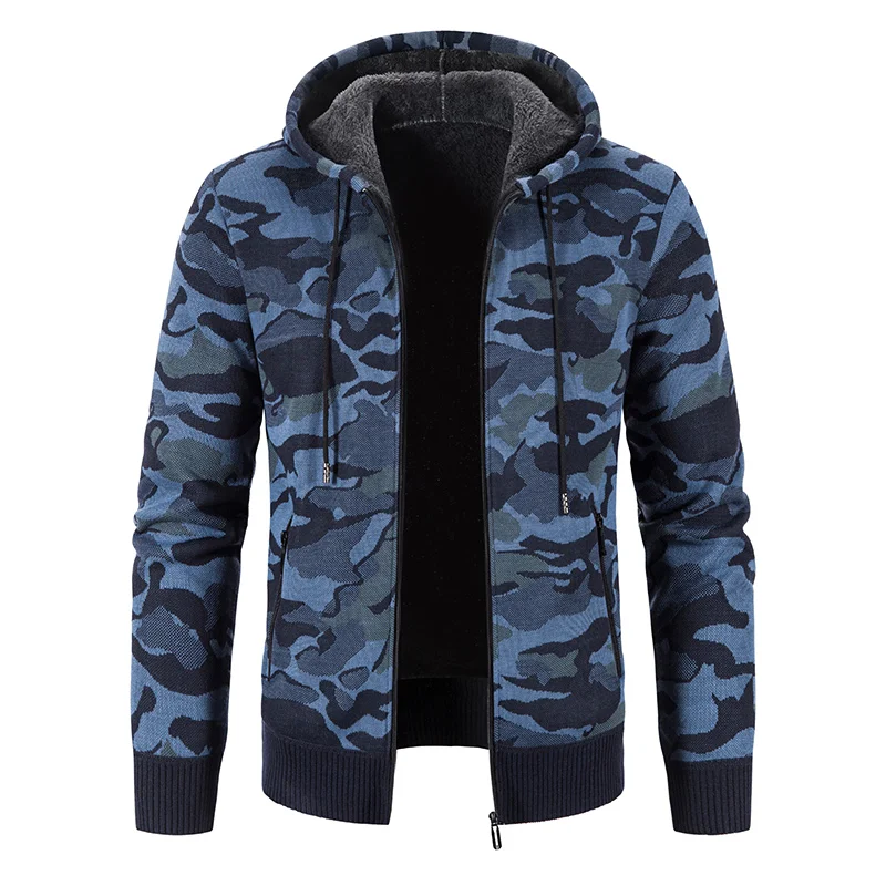 Men's Cardigan Knitted Hoodie with Zipper Autumn/winter Fleece Thick warm wool Sweater Coat Pullover Fashion Camouflage Jacket
