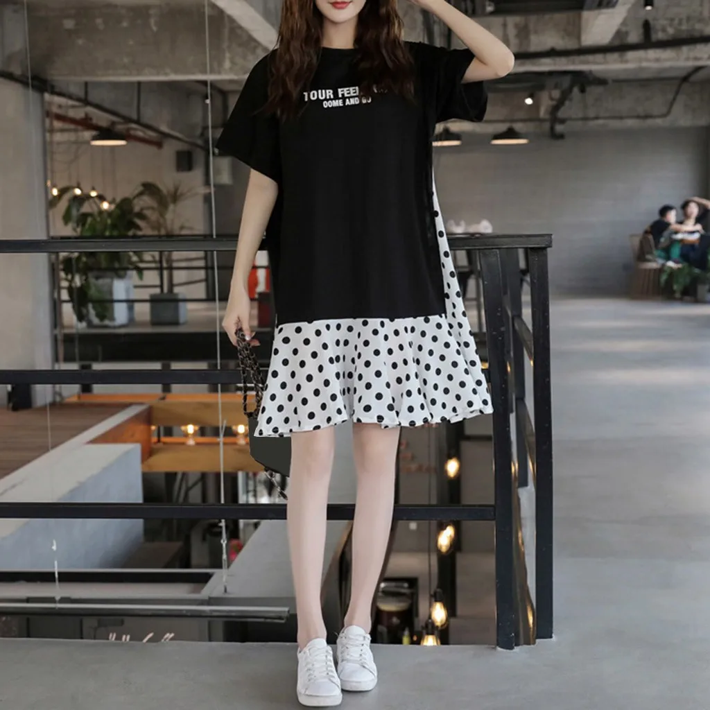 Женское платье в горошек с коротким рукавом и круглым вырезом | Женская одежда