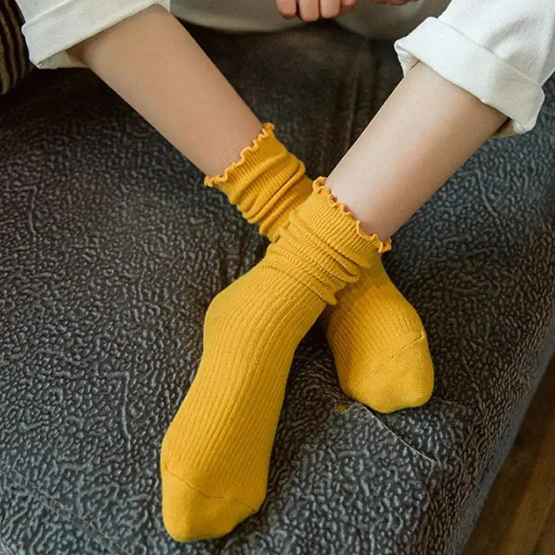 

Женские носки с рюшами и рюшами, модные однотонные женские мягкие милые длинные носки для осени и зимы, однотонные носки до щиколотки