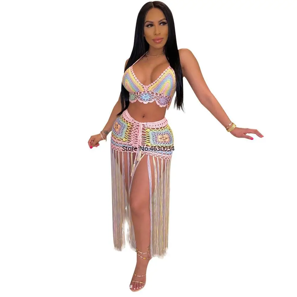 Летний сексуальный женский комплект из двух предметов с кисточками открытая