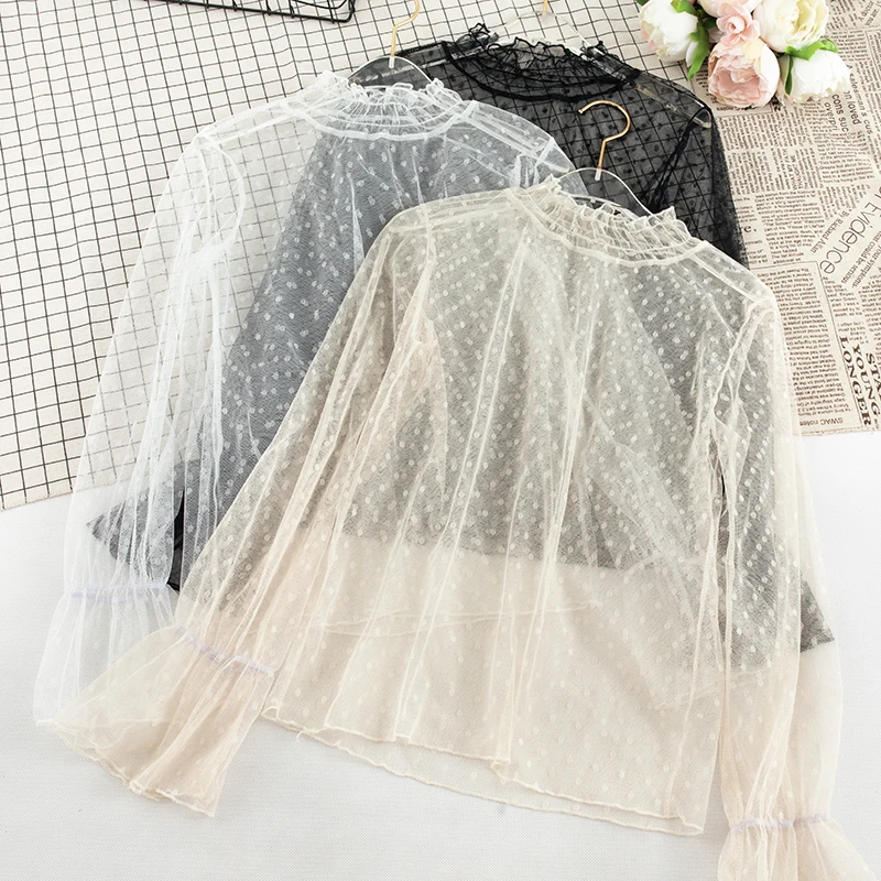 SINGRAIN Женская Полупрозрачная блузка в горошек с длинными расклешенными рукавами