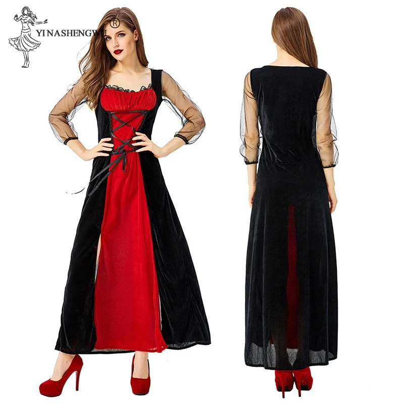 Deluxe Halloween Sexy Adult Women Vampire Costumes Victorian Vamp Fancy Party Dress Red and Black Witch Female Costumes