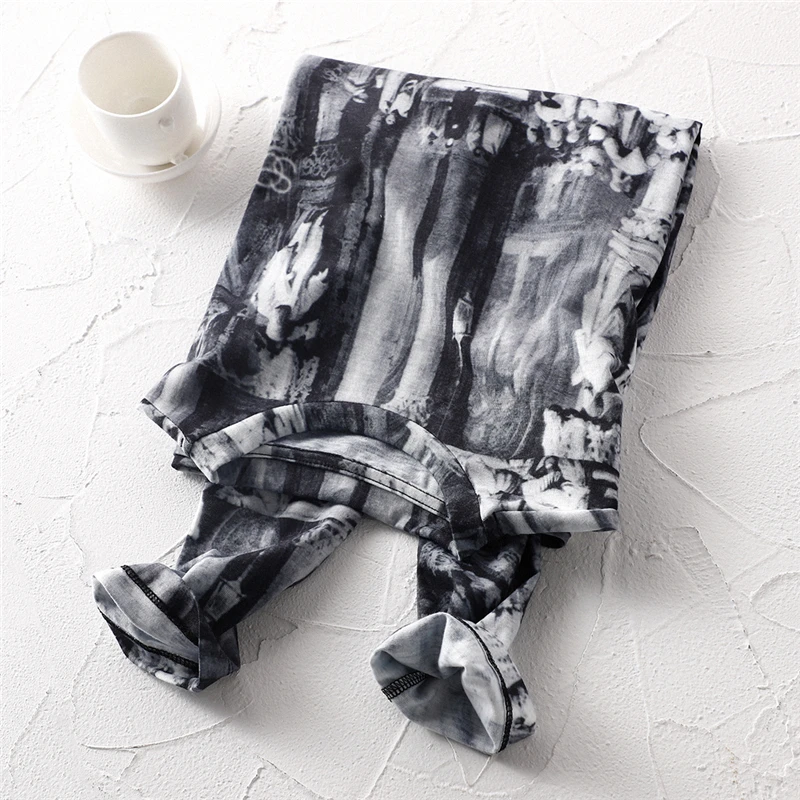 

2021 summer new style 3D oil painting printing long-sleevedT-shirt women's high elastic breathable inner and outer wear slim top