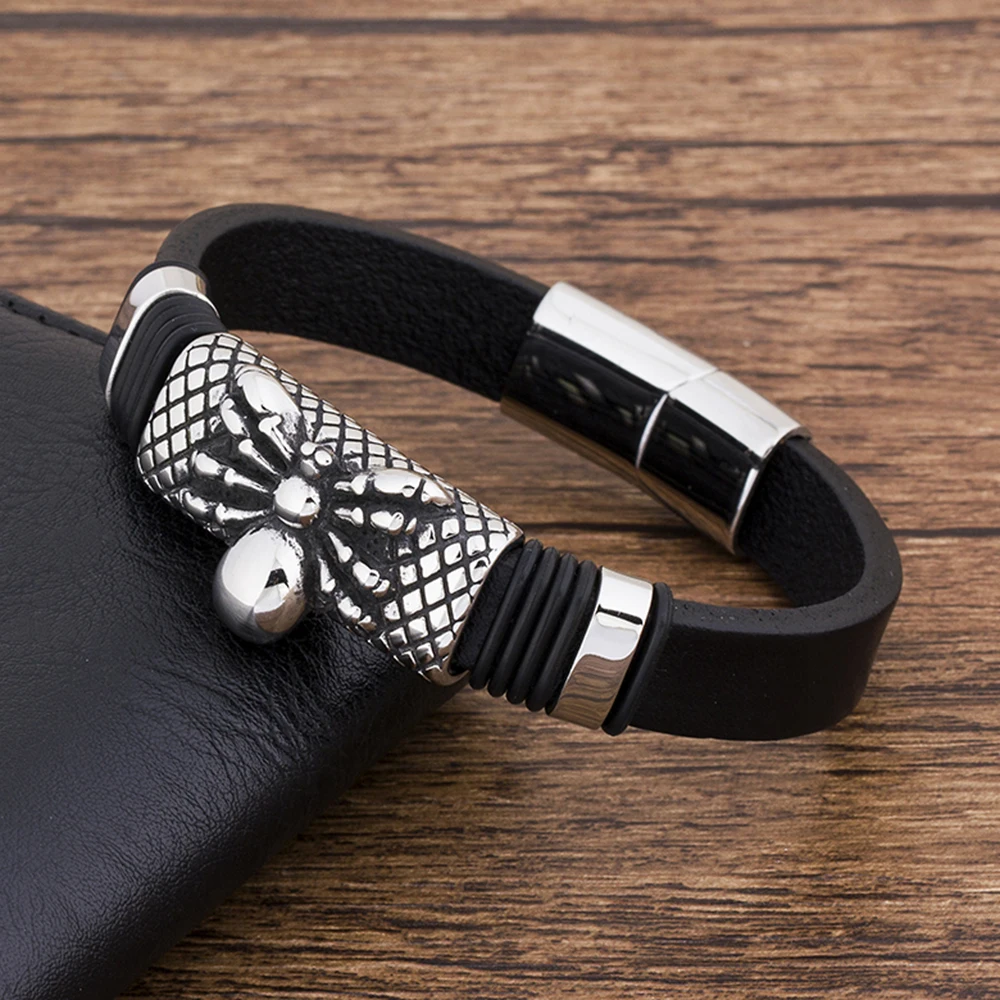 

TYO Wholesale Black Charm Leather Bracelet Men Spider Stainless Steel Handmade Jewelry Punk Rock Accessories Wristband