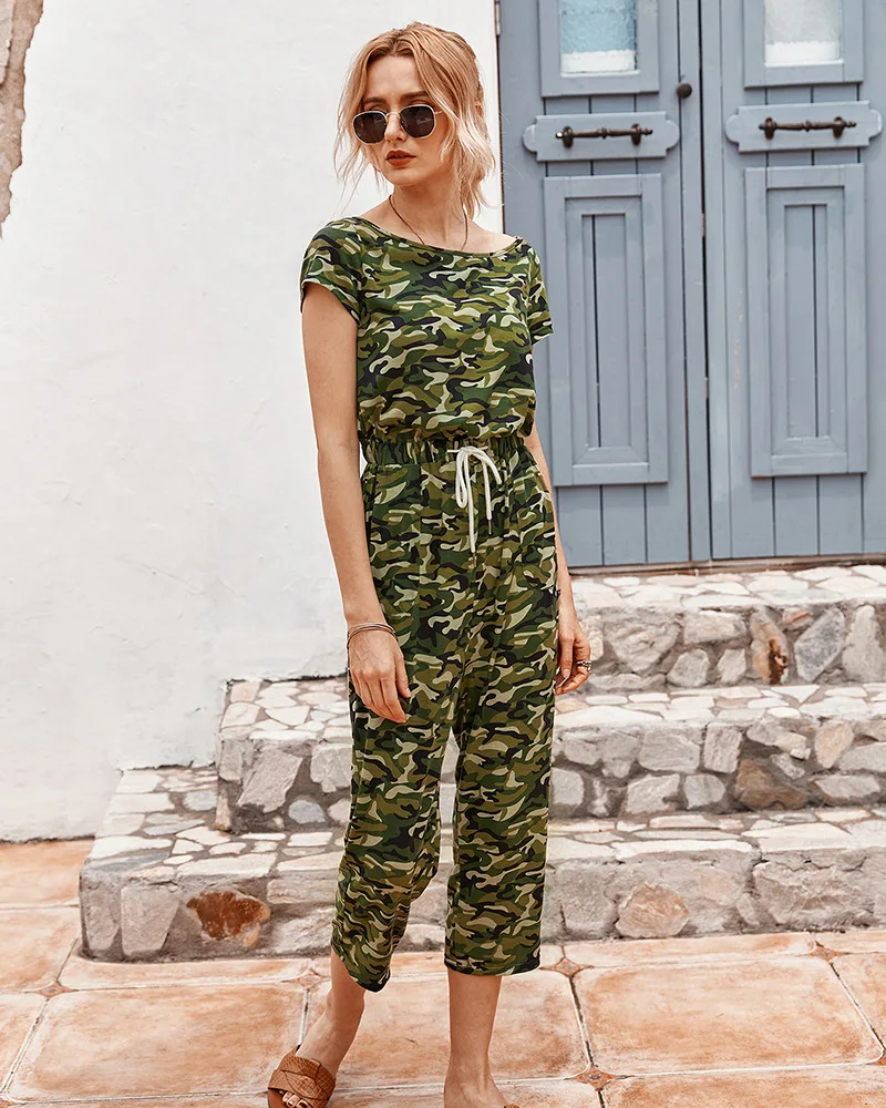 

Donsignet Fashion Women's Jumpsuit Summer Casual Round Neck Pullover Stripe Print Waist Short-sleeved Jumpsuit Cropped Trousers
