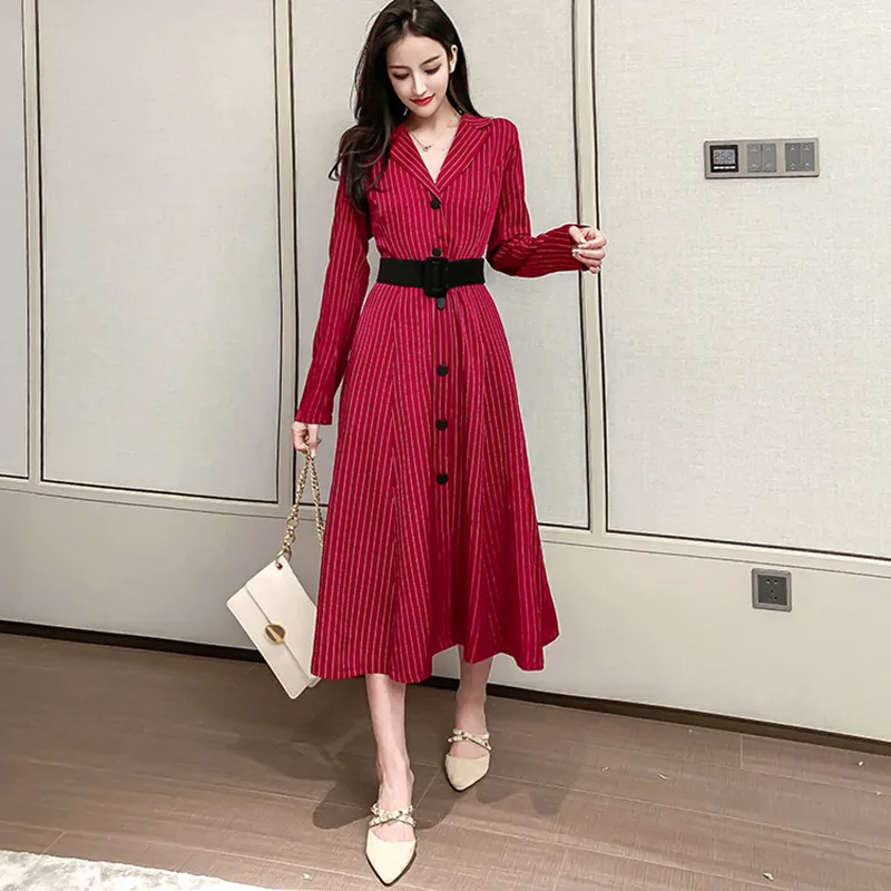 REALEFT винтажные Женские полосатые рубашки платья с высокой талией длинным рукавом