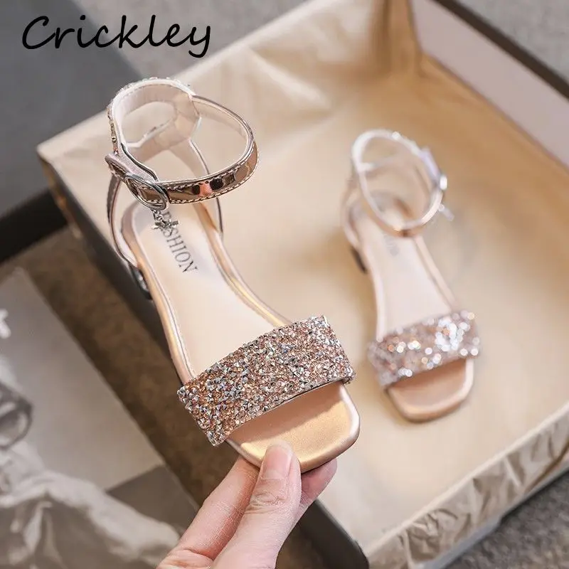 

High Quality Girls Sandals Summer Rhinestone Sequins Shining Sandals For Girl Princess Fashion Single Shoes Pu Leather Kids Shoe