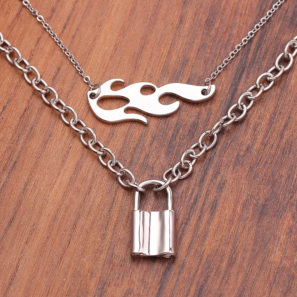 Новое поступление Двухслойное ожерелье с замком и пламенем Harajuku уличная одежда