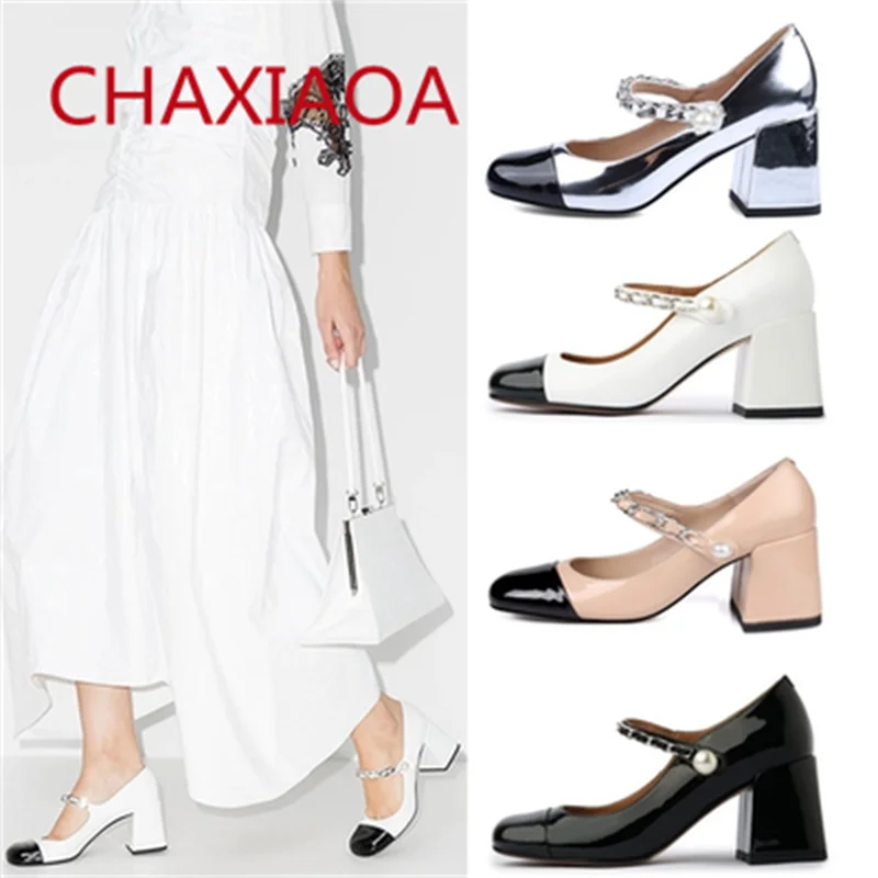 

CHAXIAOA Fashion Mixed Color Women Pumps 2021 Round Toe Pearls Studs Chunky High Heels Ladies Party Shoes Mary Janes Female Pump