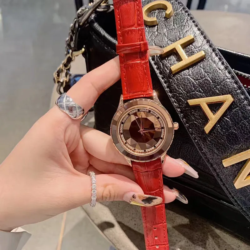 

Korean Fashion Candy Colors Waterproof Genuine Leather Strap Watches for Women Multi Faceted Crystal Watch Quartz Wrist watch