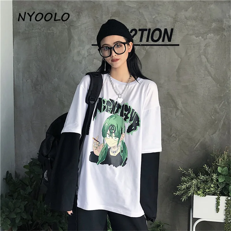 NYOOLO Harajuku стиль зеленый Смешной Персонаж печати лоскутный Топ осень уличная Поддельные 2 шт. футболка с длинными рукавами для женщин и мужчин