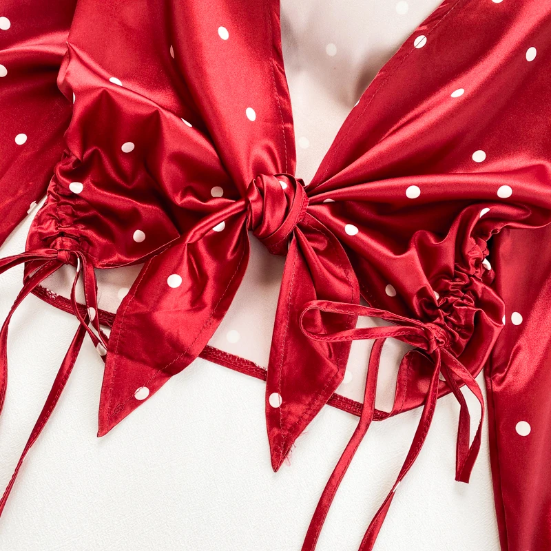 

Fitaylor Women Polka Dot Blouses Shirt Sexy Deep V Neck Long Sleeve Short Tops Elegant Lady Red White Green Shirt