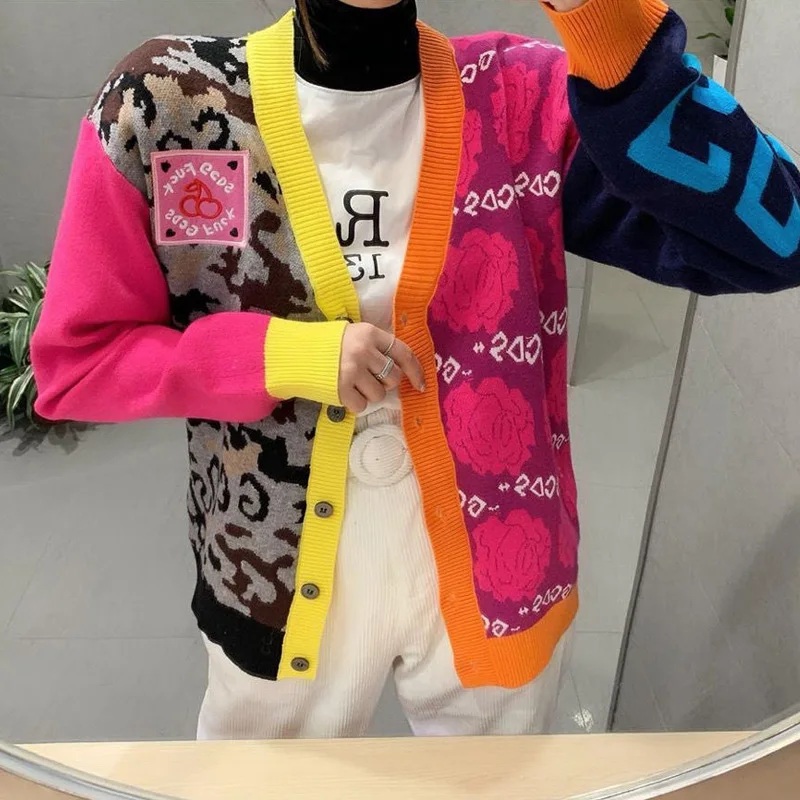 

Sweater Cardigans Women 2021 Autumn Winter Clothes V-Neck Single Breasted Leopard Flowers Vintage Knitted Jacket Traf Tops Feeme