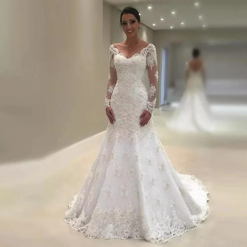 Gelinlik свадебное платье русалки с длинными рукавами для невесты Vestido De Noiva летнее кружевное свадебное платье цвета слоновой кости trouwjurk