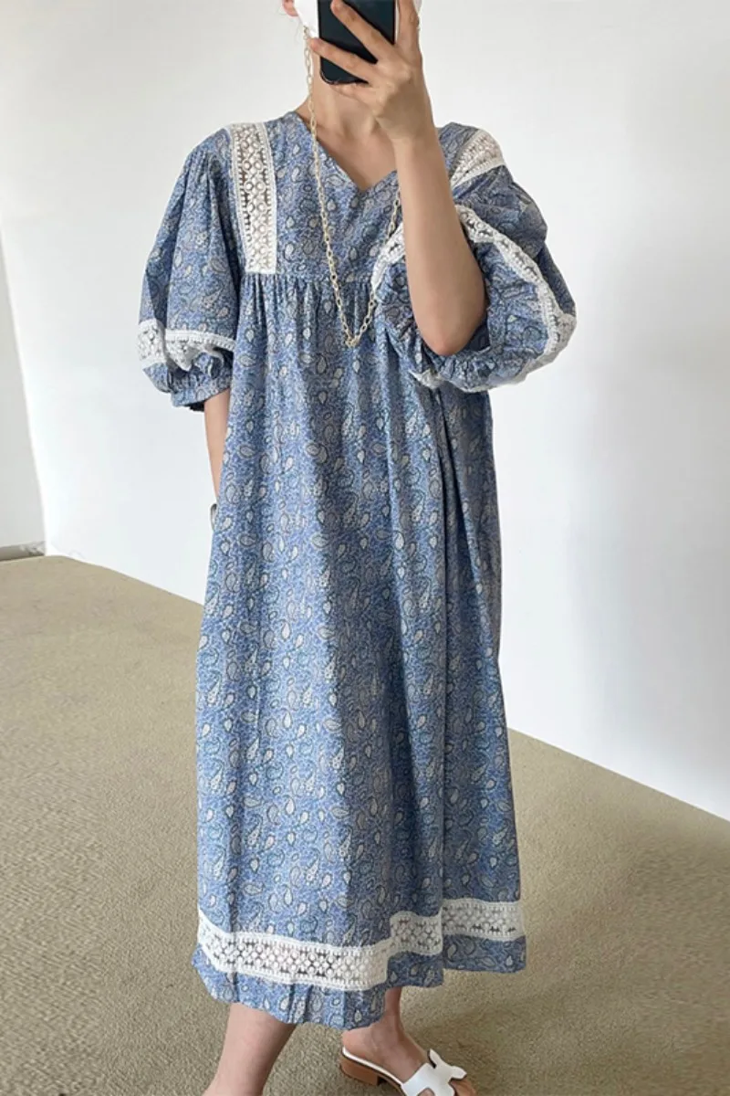 

Ethnic Print Loose Women Dress 2021 New Korean Chic Lace Stitching Hollow-out Lantern Sleeve Plus Size Maxi Dress Summer Vestido