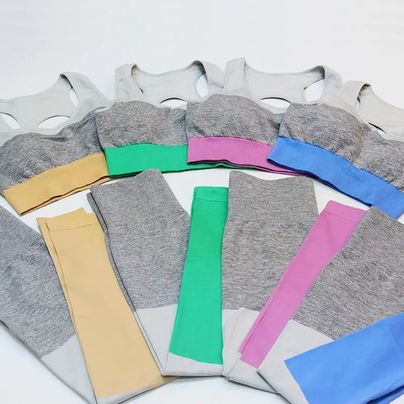 

Women tracksuit yoga set seamless knitted 2 pieces set crop top padded bra striped leggings skinny high waist fitness outfits