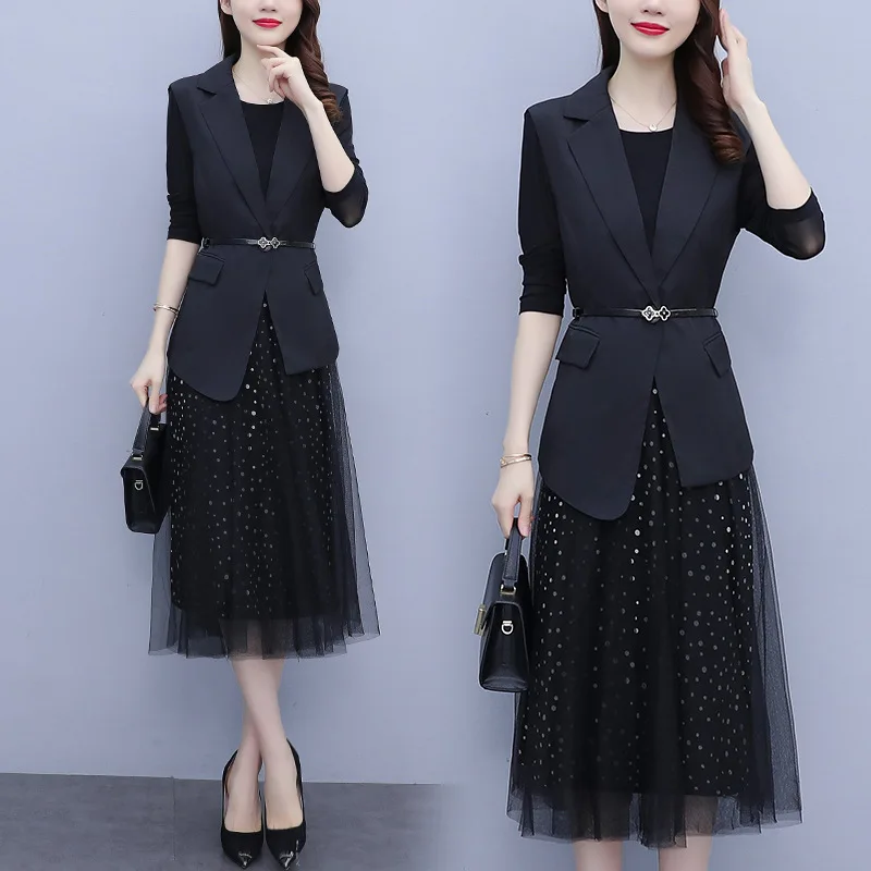 

Костюм с длинным платьем, женские осенние костюмы, рабочая одежда, комплект из 2 предметов, блейзер и Платья До Колена в горошек гренадина