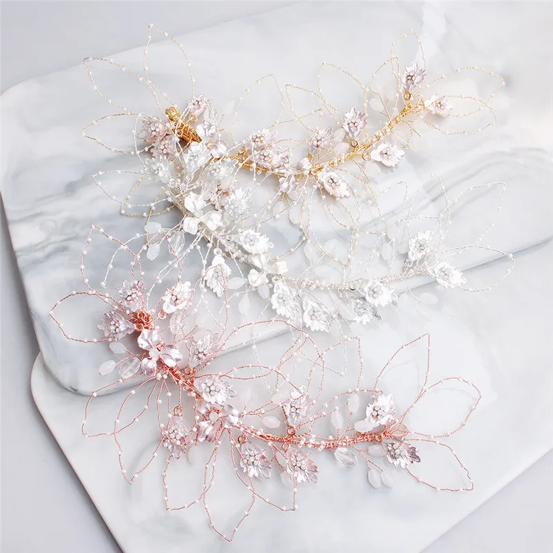 

Rose Gold Flower Wedding Clip Hair Accessories Leaf Crystal Bridal Hair Crown Piece Handmade Pearls Women Jewelry