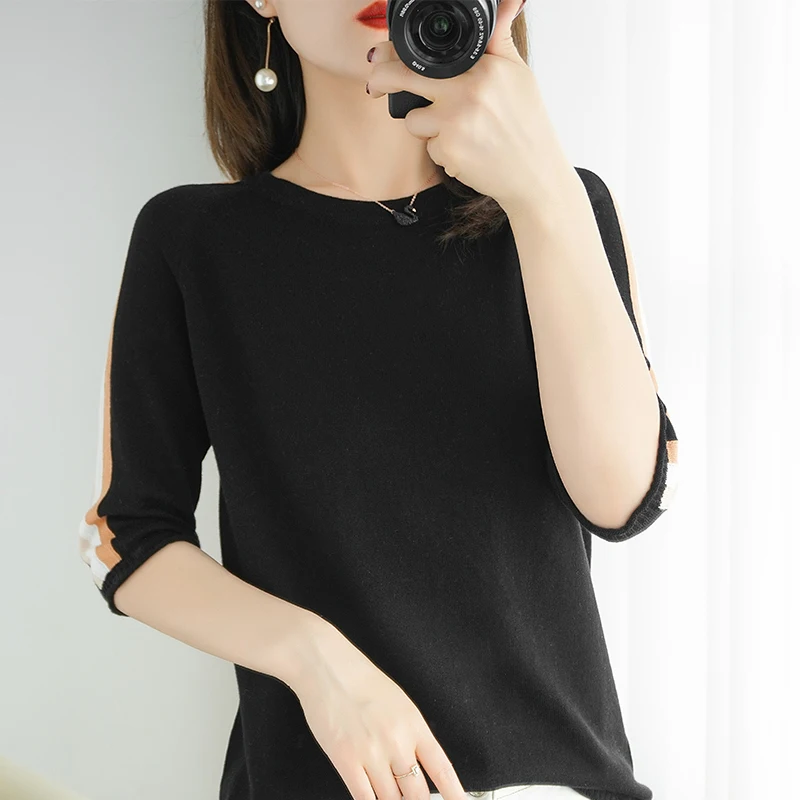 

Best selling color matching knitted 100% cotton thin five-point sleeve T-shirt women's short pullover Soft and comfortable 2021