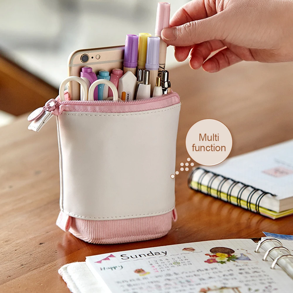 

Pencil Case Standing Stationery Bag Retractable PU Corduroy Pen Pouch Holder School College office Organizer