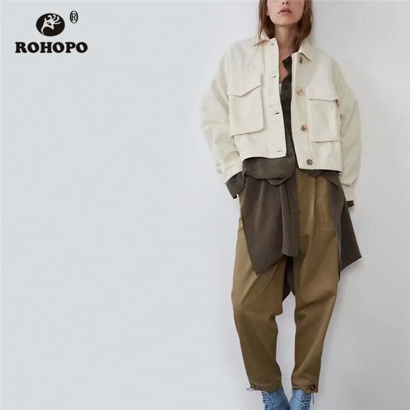 ROHOPO отложной воротник пуговицы летают хлопок карго женская кожаная куртка с