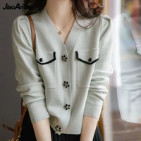 womens sweater 2021 autumn new elegant blouse cardigan korean fashion winter warm bottoming shirt female long sleeve gray top