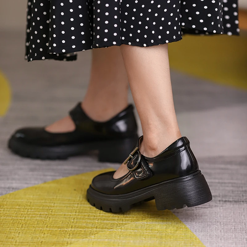 

COVIBESCO Women Pumps Metal Buckle Mary Janes Concise Retro Casual Round Toe Genuine Leather Platforms Shoes Woman Thick Heels