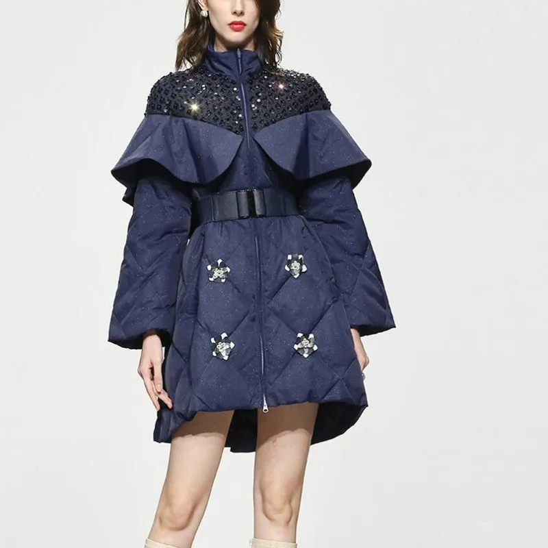 

Heavy Work Beaded Sequin Flowers Down Coat Women Vintage Stand Collar A-Line Waist Belt Slim White Duck Puffy Parkas s1814