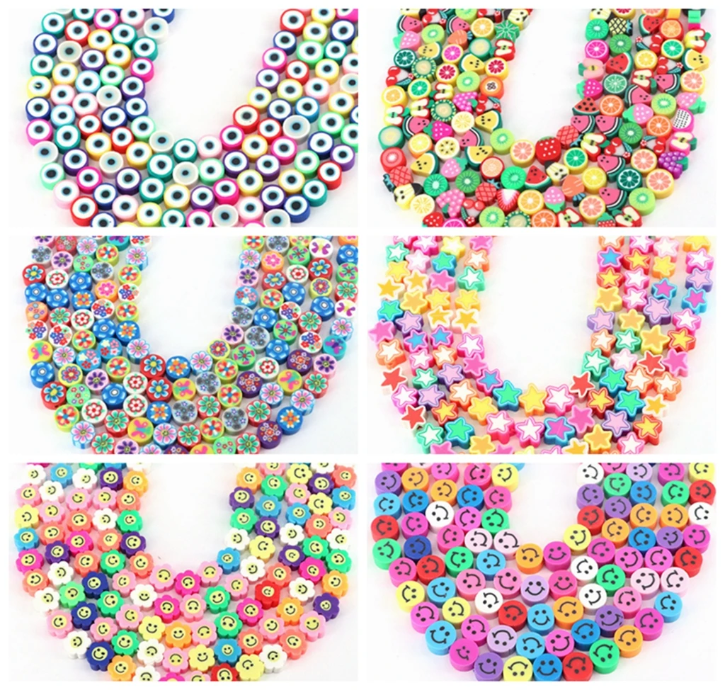 

10 Strands Clay Beads Heart Flower Smile Beads Polymer Clay Loose Space Beads For Jewelry Making DIY Bracelet Necklace