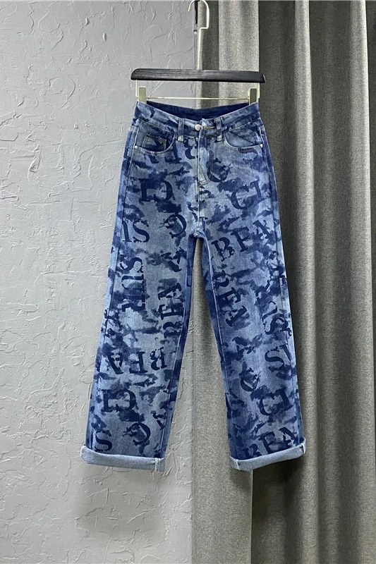 

Women's Korean Fashion Clothes 2021Autumn Letter Printed Vintage Jeans Women's High Waist Wide Leg Mop Trousers