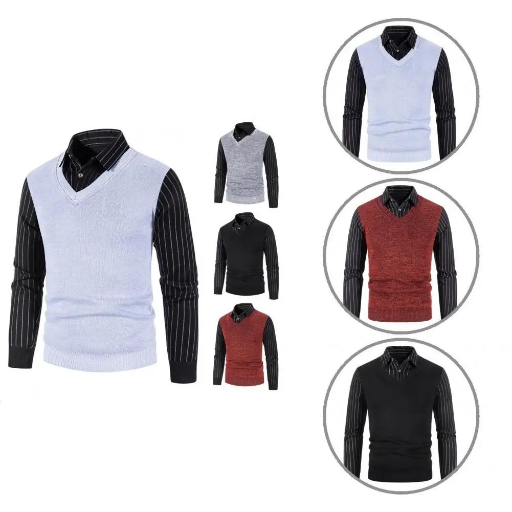 

Fine Workmanship Popular Long Sleeve Men Patchwork Shirt Soft Texture Pullover Buttons V Neck for Dating